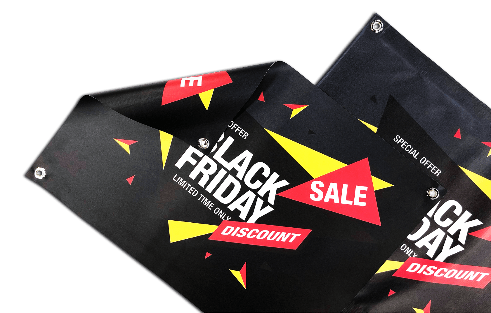 Two banners, one showing signgle-sided and the other showing double-sided