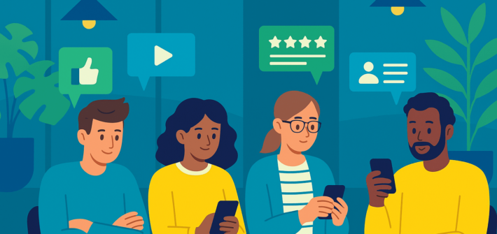 A cartoon image of four people wearing blue and yellow shirts on their smartphones. Above their heads are speech bubbles that signify online activity, such as a thumbs-up emoji, a play button, a 4-star review, and a profile emoji.